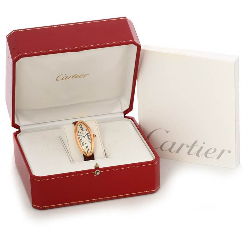The Cartier Baignoire Women's Rose Gold Silver Dial Women's Rose Gold Silver Dial watch is displayed in its red box, photographed from the front at an angle showing the watch face and case.