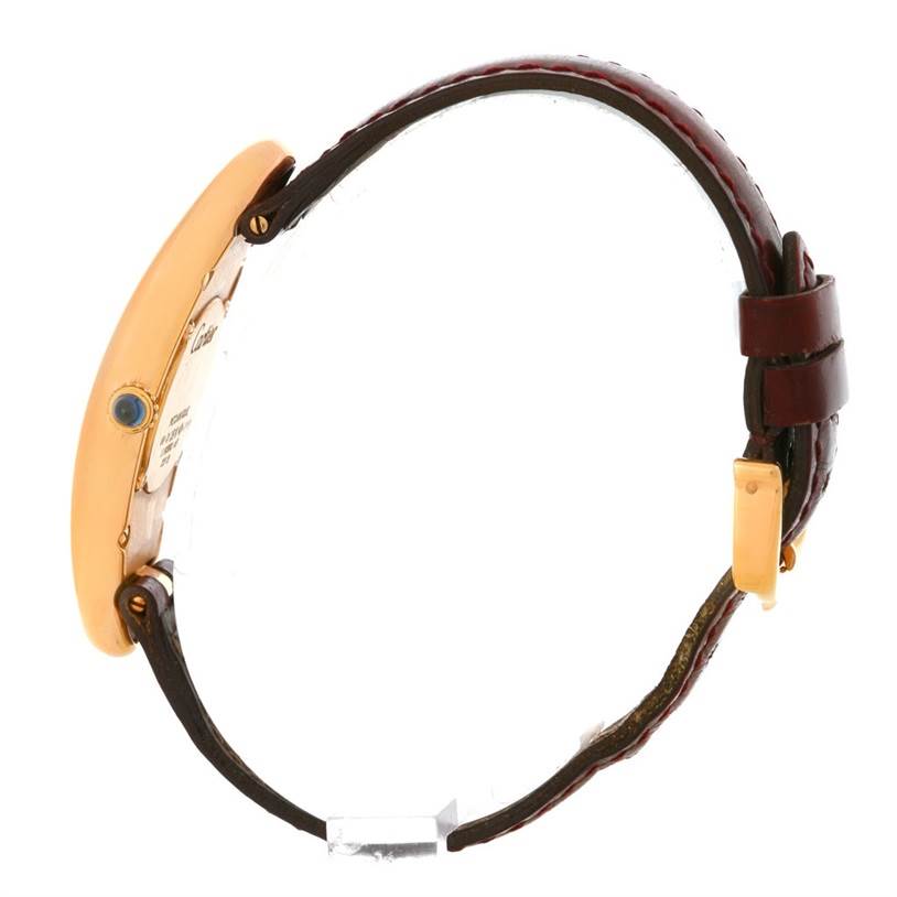 The image shows a side view of the Cartier Baignoire Women's Rose Gold Silver Dial Women's Rose Gold Silver Dial watch, highlighting the case and the leather strap with a buckle.