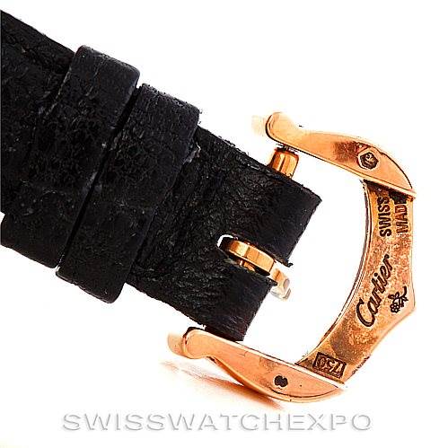 The image shows the buckle and black leather strap of a Cartier Baignoire Women's Rose Gold Pink Dial Women's Rose Gold Pink Dial watch angled from the side.