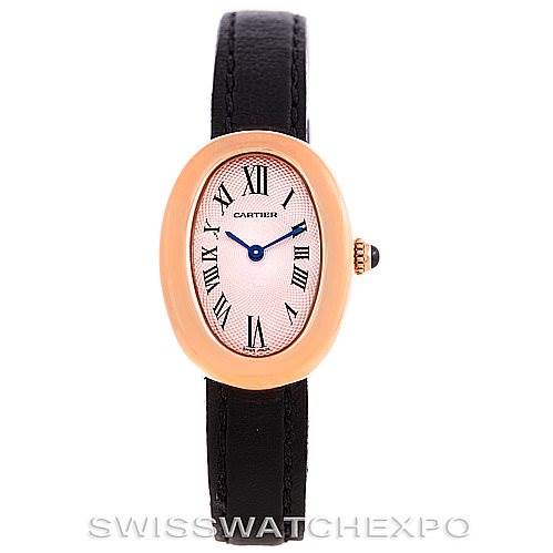 This image shows the Cartier Baignoire Women's Rose Gold Pink Dial Women's Rose Gold Pink Dial watch from a front angle, highlighting its black strap, oval case, and Roman numeral dial.
