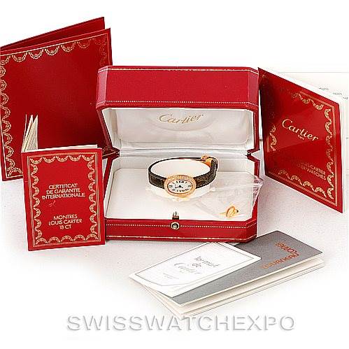 The image shows the Cartier Baignoire WB501651 Women's Yellow Gold Silver Dial WB501651 Women's Yellow Gold Silver Dial watch set including the watch, case, and accompanying documents, displayed from a slightly elevated, front-facing angle.