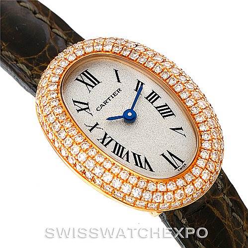 The image shows a top view of the Cartier Baignoire WB501651 Women's Yellow Gold Silver Dial WB501651 Women's Yellow Gold Silver Dial watch, highlighting its oval face, diamond-encrusted bezel, and leather strap.