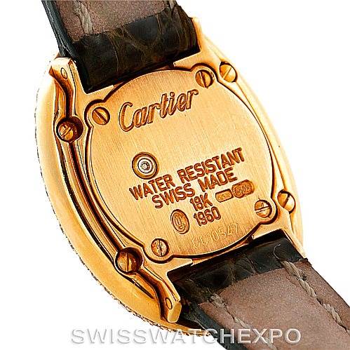 This image shows the back case of a Cartier Baignoire WB501651 Women's Yellow Gold Silver Dial WB501651 Women's Yellow Gold Silver Dial watch, highlighting its markings and water resistance details.