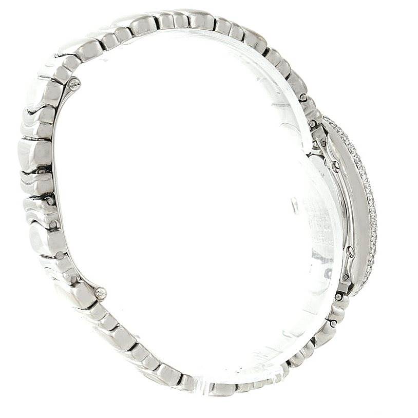 The Cartier Baignoire WB5097L2 Women's White Gold Silver Dial WB5097L2 Women's White Gold Silver Dial watch is shown from a side angle, focusing on the bracelet and the side profile of the case.