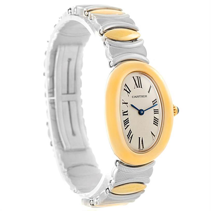 The image shows a side view of the Cartier Baignoire W15045D8 Women's Yellow Gold Silver Dial W15045D8 Women's Yellow Gold Silver Dial watch, highlighting the oval face, gold bezel, and two-tone bracelet.