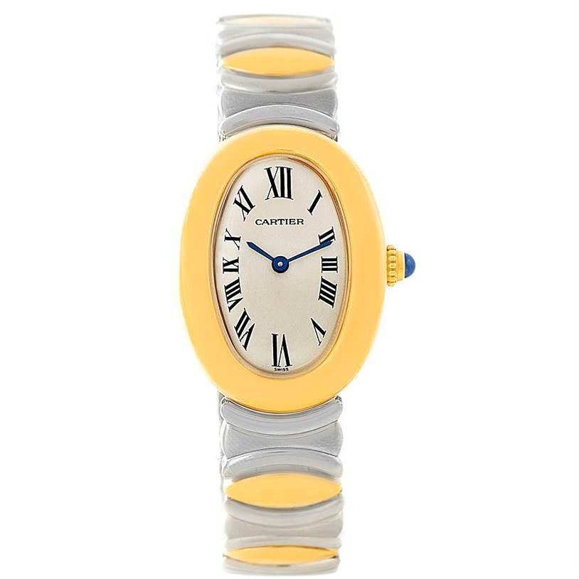 This image shows a front view of the Cartier Baignoire W15045D8 Women's Yellow Gold Silver Dial W15045D8 Women's Yellow Gold Silver Dial watch, highlighting its oval face, Roman numerals, and two-tone metal band.