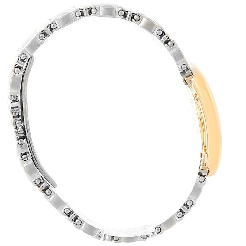 The image shows a side profile view of the Cartier Baignoire W15045D8 Women's Yellow Gold Silver Dial W15045D8 Women's Yellow Gold Silver Dial watch, highlighting its metal band and case.