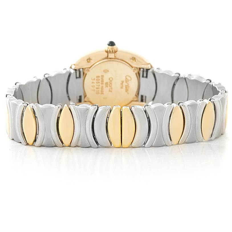 The image shows the back view of a Cartier Baignoire W15045D8 Women's Yellow Gold Silver Dial W15045D8 Women's Yellow Gold Silver Dial watch, highlighting its two-tone bracelet and case back.