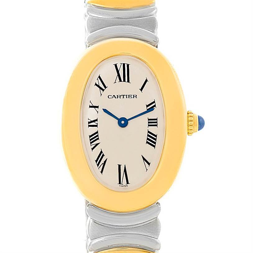 The Cartier Baignoire W15045D8 Women's Yellow Gold Silver Dial W15045D8 Women's Yellow Gold Silver Dial watch is shown from the front, displaying the oval face, Roman numerals, gold bezel, and part of the metal strap.