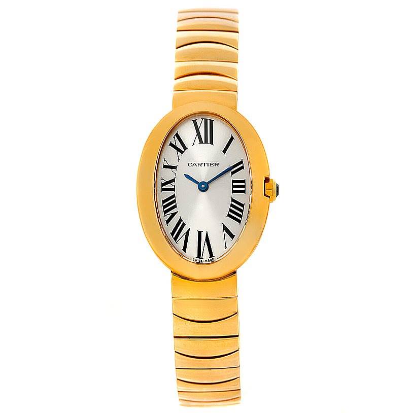 The image shows a front view of the Cartier Baignoire W8000008 Women's Yellow Gold Silver Dial W8000008 Women's Yellow Gold Silver Dial watch, highlighting its oval dial, Roman numerals, and gold bracelet.