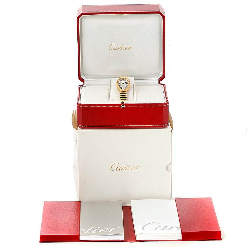 The Cartier Baignoire W8000008 Women's Yellow Gold Silver Dial W8000008 Women's Yellow Gold Silver Dial watch is displayed from the front inside an open red box, with manuals and paperwork in front.