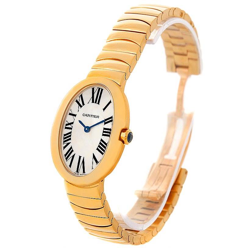 This image shows a Cartier Baignoire W8000008 Women's Yellow Gold Silver Dial W8000008 Women's Yellow Gold Silver Dial watch at a three-quarter angle, highlighting its gold case, white dial, and bracelet.