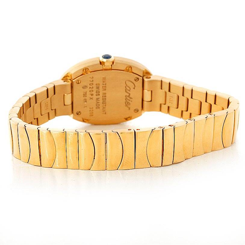 This image shows the rear view of a gold Cartier Baignoire W8000008 Women's Yellow Gold Silver Dial W8000008 Women's Yellow Gold Silver Dial watch, including the watch back and bracelet.