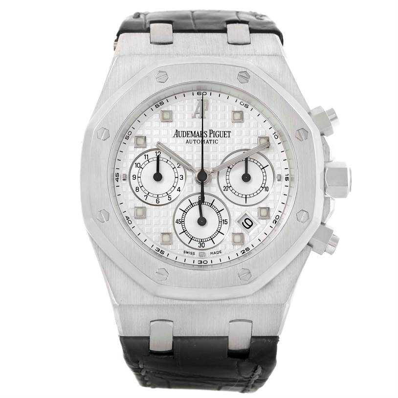The Audemars Piguet Royal Oak 26022BC.OO.D002CR.01 Men's White Gold Silver Dial 26022BC.OO.D002CR.01 Men's White Gold Silver Dial watch is shown from the front, displaying the dial, bezel, and part of the black strap.