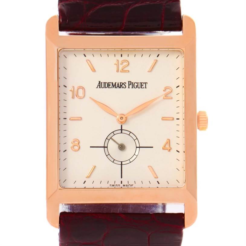 This image shows a front view of the Audemars Piguet Vintage Men's Rose Gold Beige Dial Men's Rose Gold Beige Dial watch, featuring its dial, hands, and leather strap.