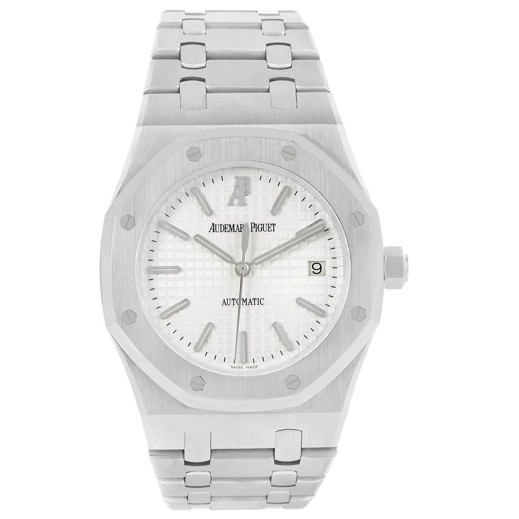 The image shows a front view of an Audemars Piguet Royal Oak 15300ST.OO.1220ST.01 Men's Stainless Steel Silver Dial 15300ST.OO.1220ST.01 Men's Stainless Steel Silver Dial watch, displaying the face, bezel, and bracelet.