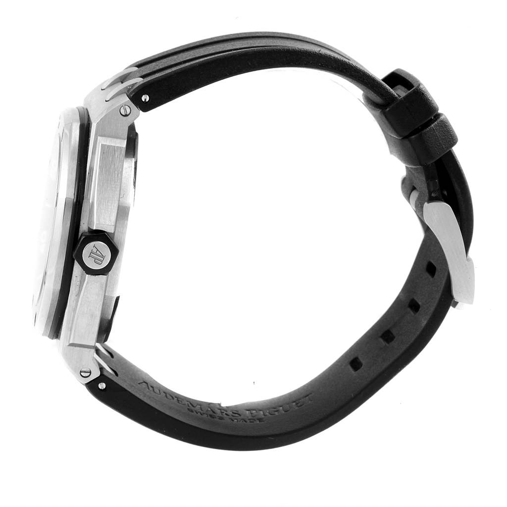 This image shows a side profile of the Audemars Piguet Royal Oak Offshore 15703ST Men's Stainless Steel Black Dial 15703ST Men's Stainless Steel Black Dial watch, highlighting its case, bezel, and part of the strap.