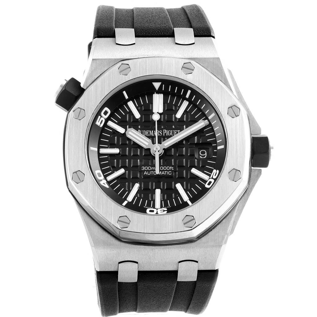 This image shows a front view of an Audemars Piguet Royal Oak Offshore 15703ST Men's Stainless Steel Black Dial 15703ST Men's Stainless Steel Black Dial watch, highlighting its dial, bezel, and strap.