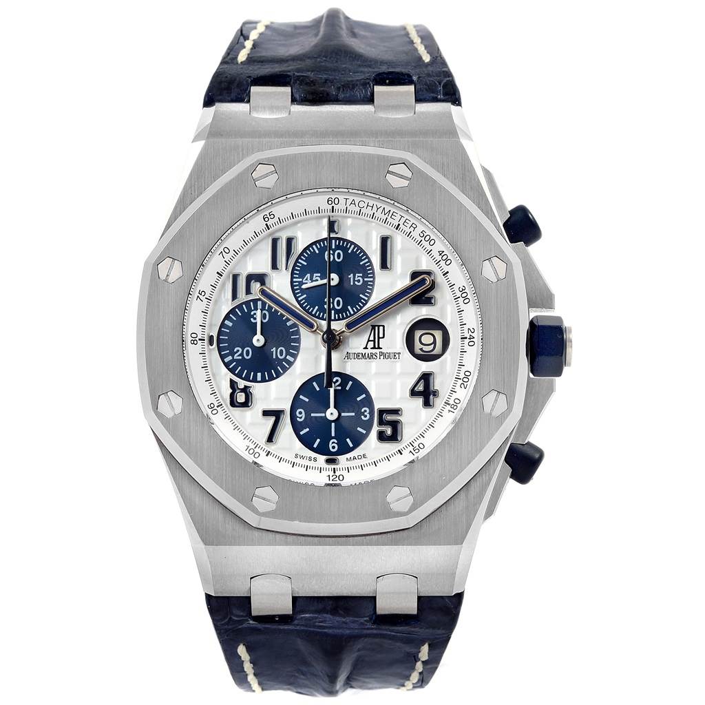 The image shows a front view of an Audemars Piguet Royal Oak Offshore 26170ST.OO.D305CR.01 Men's Stainless Steel White Dial 26170ST.OO.D305CR.01 Men's Stainless Steel White Dial watch, displaying its dial, bezel, case, and strap.