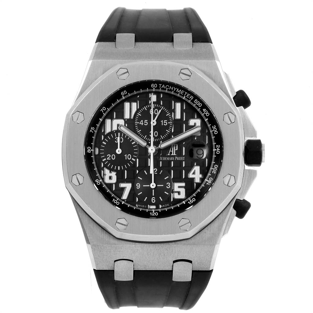 The image shows a front view of an Audemars Piguet Royal Oak Offshore 26170ST.OO.D101CR.03 Men's Stainless Steel Black Dial 26170ST.OO.D101CR.03 Men's Stainless Steel Black Dial watch, highlighting its dial, bezel, sub-dials, and strap.
