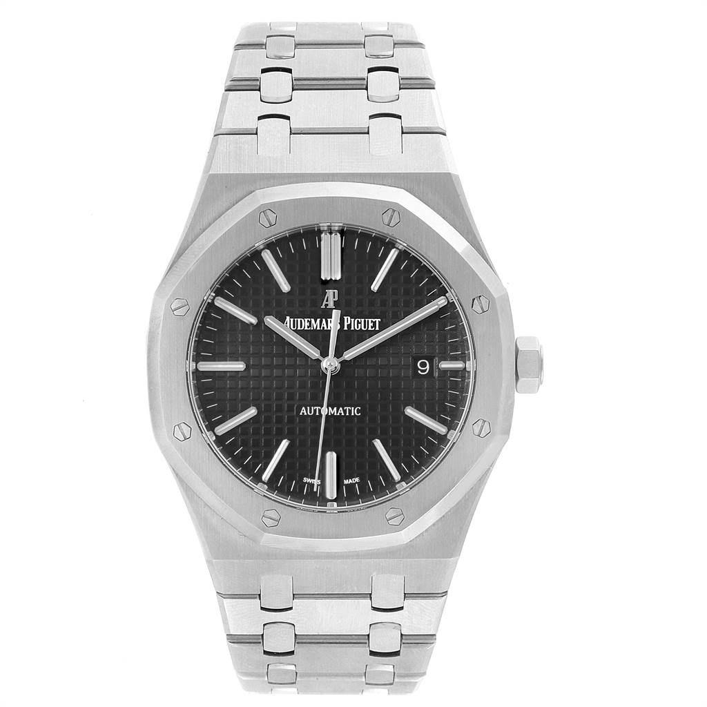 The image shows a front view of the Audemars Piguet Royal Oak 15400ST.OO.1220ST.01 Men's Stainless Steel Black Dial 15400ST.OO.1220ST.01 Men's Stainless Steel Black Dial watch, highlighting its dial, bezel, and bracelet.