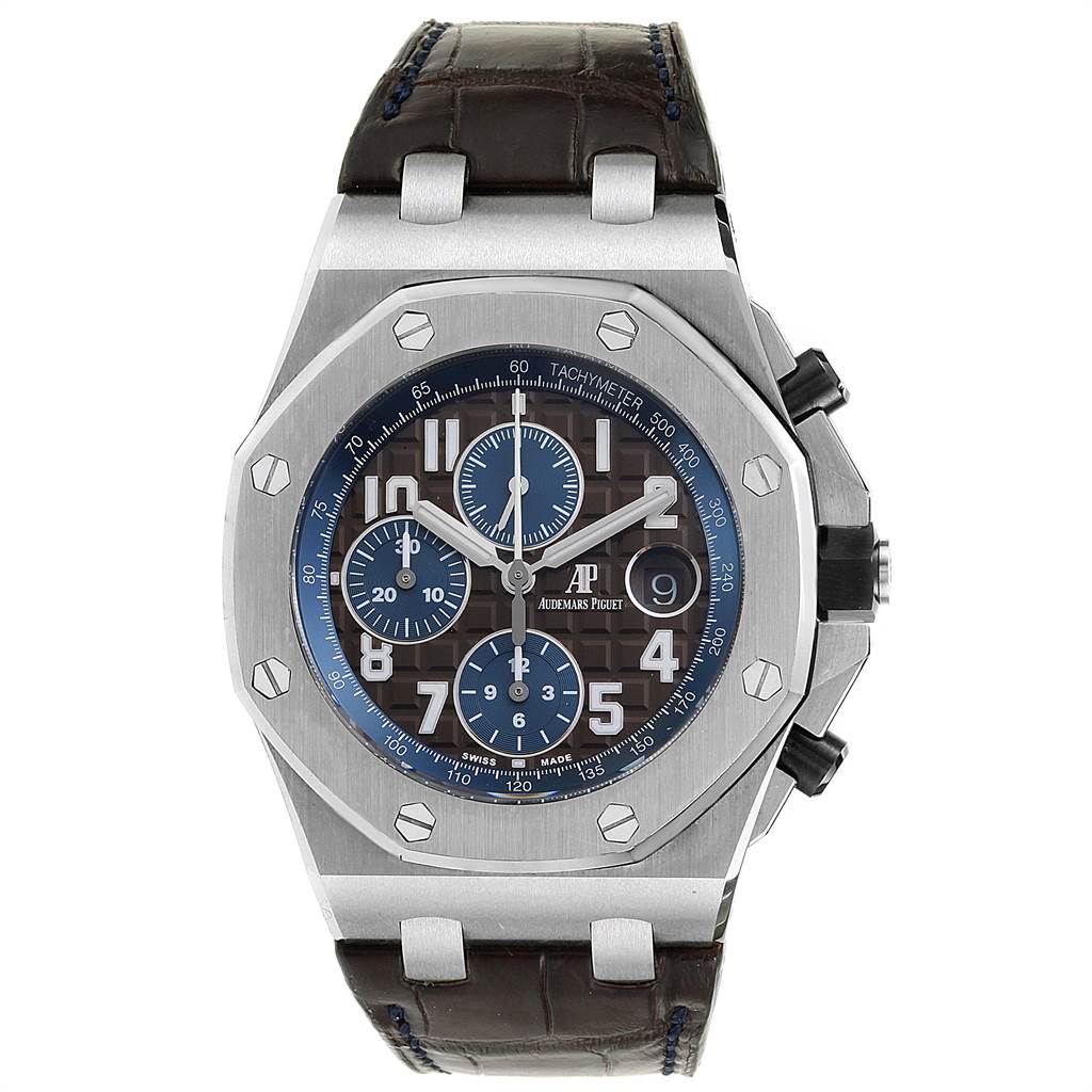 The image shows a front view of an Audemars Piguet Royal Oak Offshore 26470ST.OO.A099CR.01 Men's Stainless Steel Brown Dial 26470ST.OO.A099CR.01 Men's Stainless Steel Brown Dial watch, highlighting the dial, bezel, and strap.