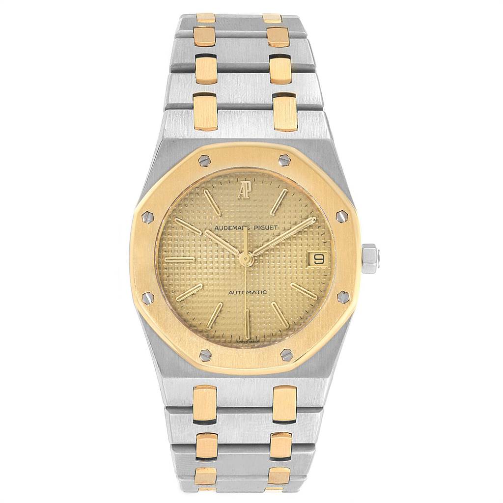 The image shows a front view of an Audemars Piguet Royal Oak Men's Steel and Gold (two tone) Champagne Dial Men's Steel and Gold (two tone) Champagne Dial watch, displaying the dial, bezel, and bracelet.