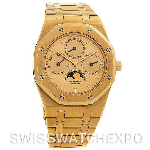This is a front view of the Audemars Piguet Royal Oak 25654BA.  0.  0944BA.  01 Men's Yellow Gold Champagne Dial 25654BA.  0.  0944BA.  01 Men's Yellow Gold Champagne Dial watch, showcasing its octagonal bezel, dial, and metal bracelet.
