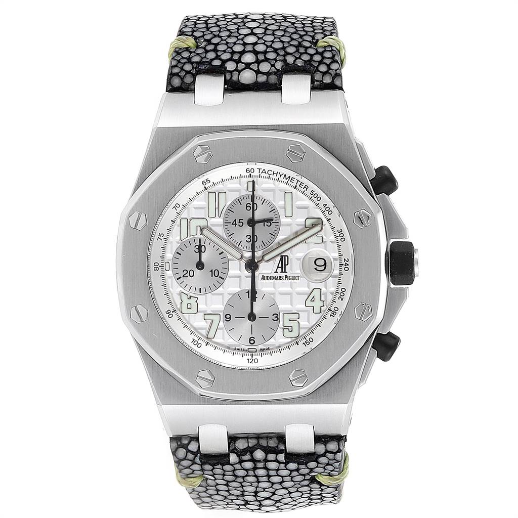 The image shows a top-down view of an Audemars Piguet Royal Oak Offshore 26020ST.00.D001IN.02 Men's Stainless Steel Silver Dial 26020ST.00.D001IN.02 Men's Stainless Steel Silver Dial watch, displaying its face and leather strap.