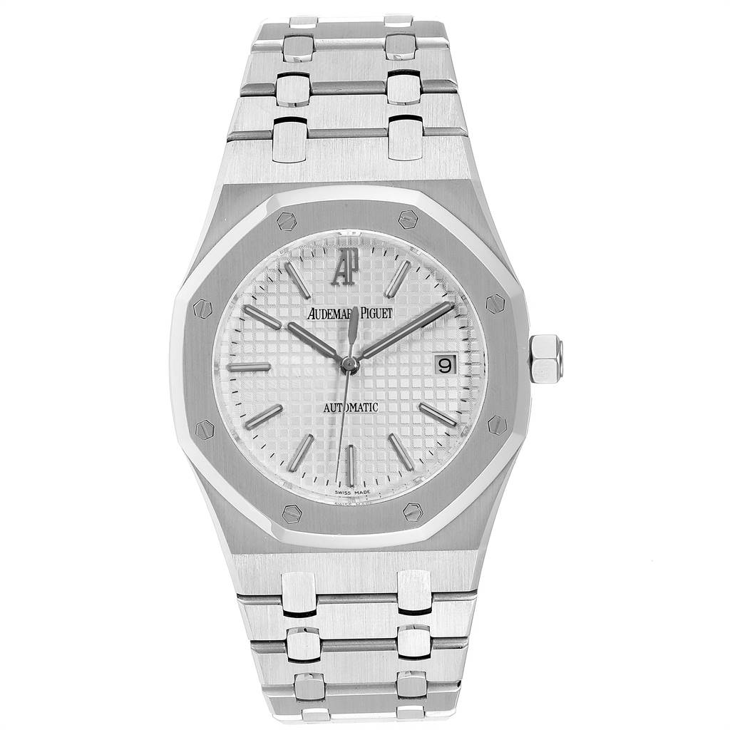 The image shows the front view of an Audemars Piguet Royal Oak 15300ST.OO.1220ST.01 Men's Stainless Steel Silver Dial 15300ST.OO.1220ST.01 Men's Stainless Steel Silver Dial watch, displaying its face, bezel, and bracelet.