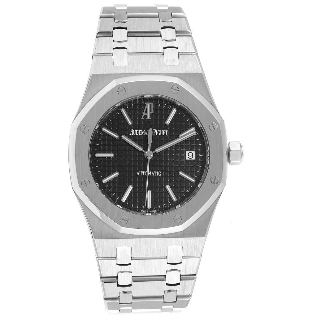 The image shows a front view of a Royal Oak watch by Audemars Piguet, displaying the black dial, hands, date window, and stainless steel bracelet.