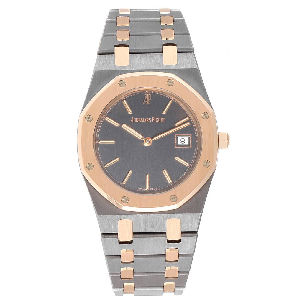 This Royal Oak by Audemars Piguet is shown from a top-down angle featuring the full watch face and bracelet.