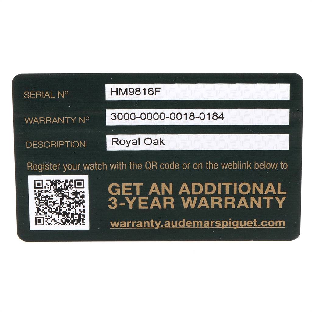 This image shows a warranty card for the Audemars Piguet Royal Oak 26331ST.OO.1220ST.01 Men
s Stainless Steel Blue Dial 26331ST.OO.1220ST.01 Men
s Stainless Steel Blue Dial model watch.