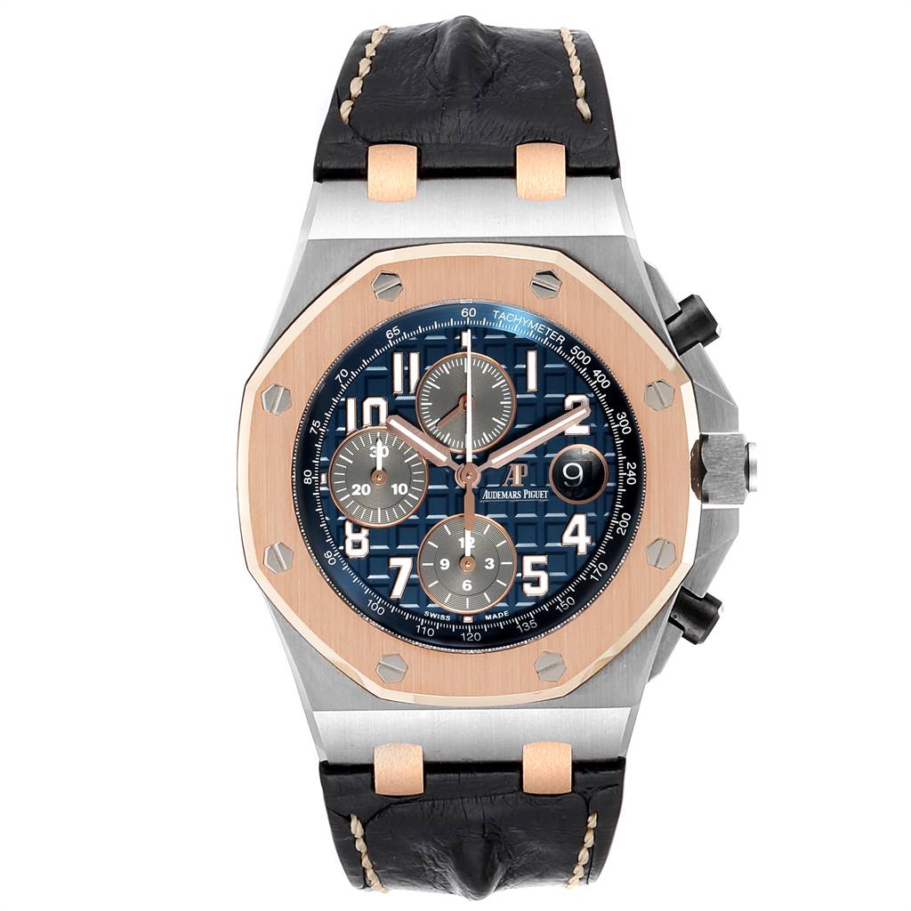 This image shows the front view of the Audemars Piguet Royal Oak Offshore 26471SR.OO.D101CR.01 Men's Stainless Steel Blue Dial 26471SR.OO.D101CR.01 Men's Stainless Steel Blue Dial watch, highlighting the face, bezel, and leather strap.