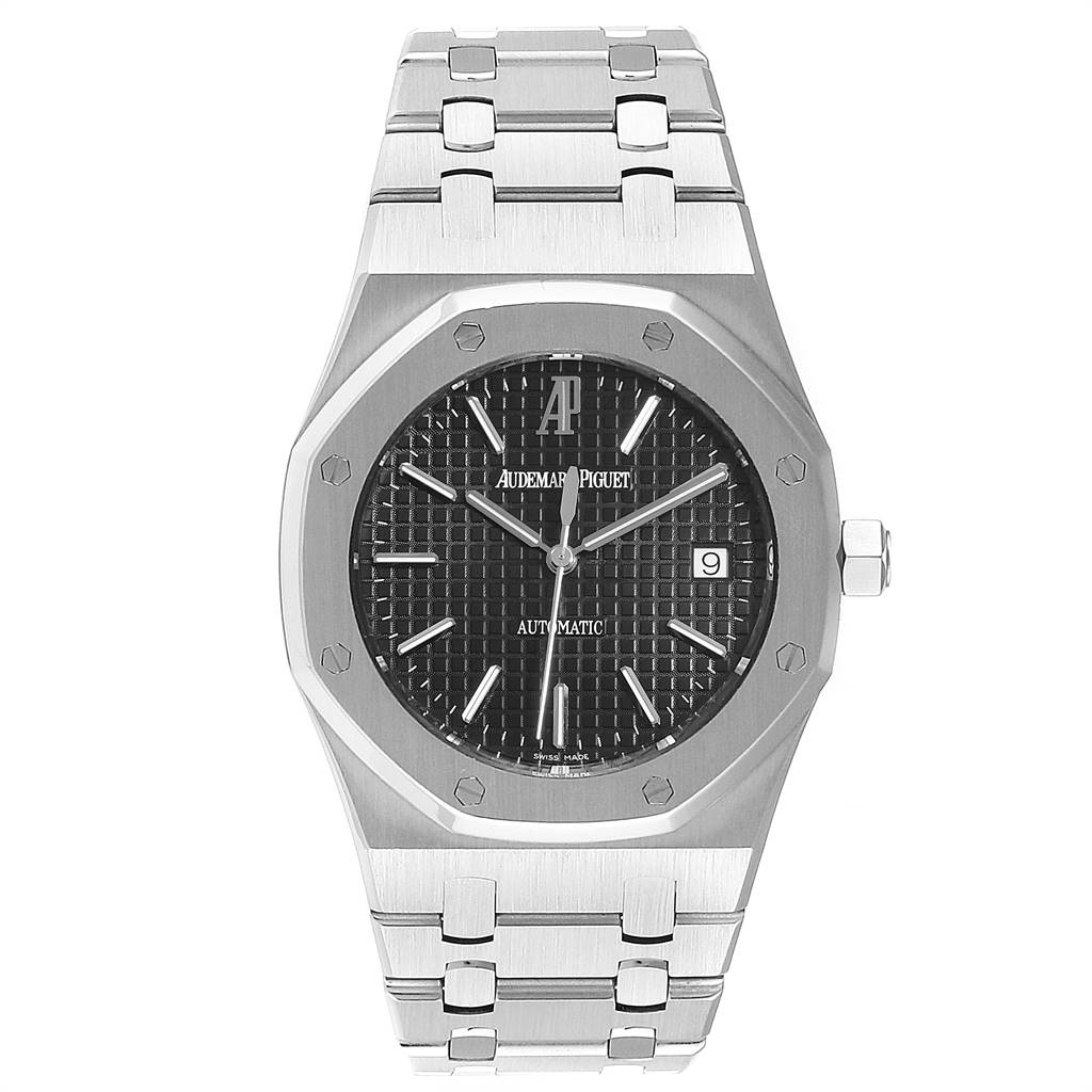 The image shows a front view of an Audemars Piguet Royal Oak 15300ST.OO.1220ST.03 Men's Stainless Steel Black Dial 15300ST.OO.1220ST.03 Men's Stainless Steel Black Dial watch, highlighting the dial, hands, and bracelet.