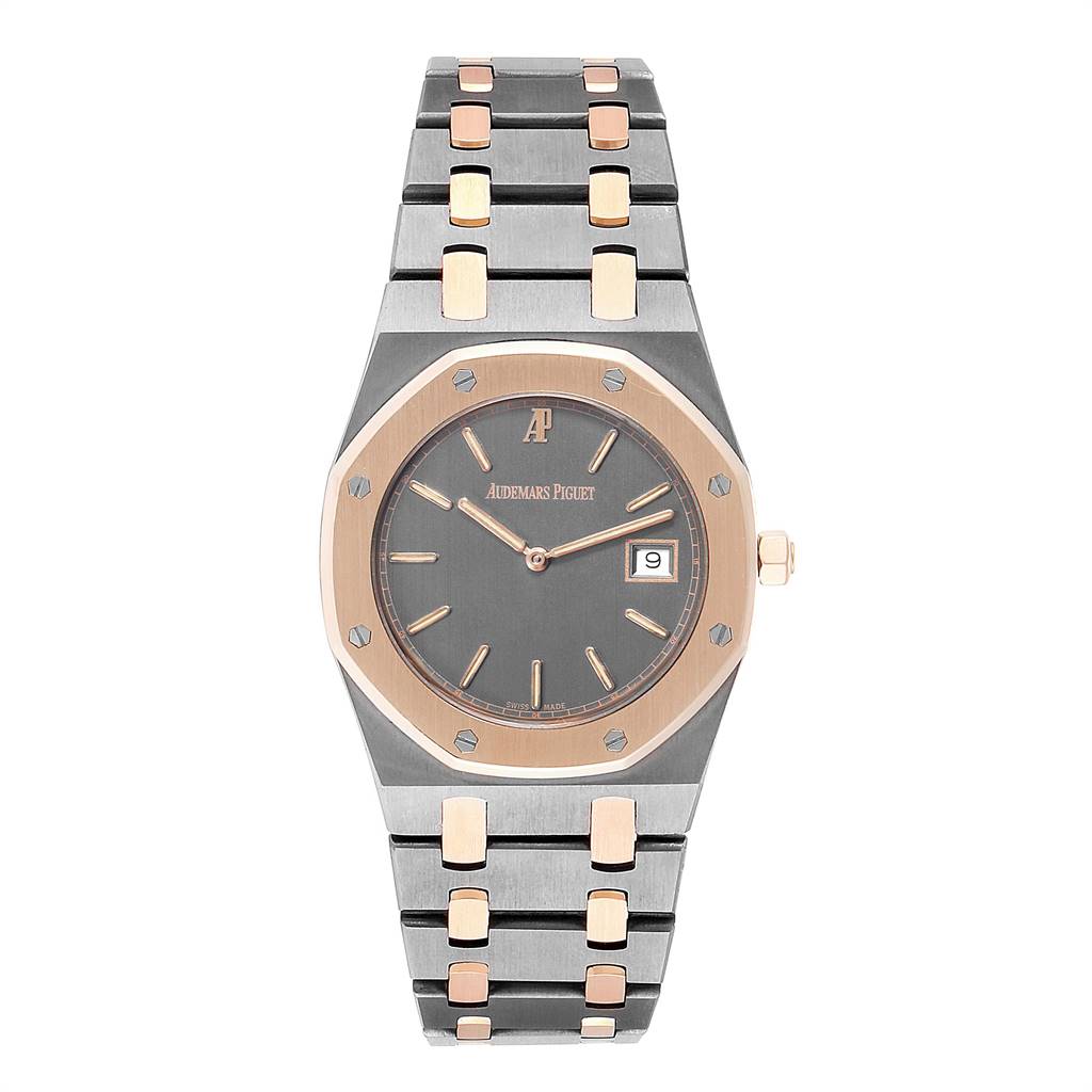 This image shows a front view of the Audemars Piguet Royal Oak 56175TR-OO-0789TR-01 Men's Rose Gold Black Dial 56175TR-OO-0789TR-01 Men's Rose Gold Black Dial watch, highlighting the dial, bezel, and bracelet.