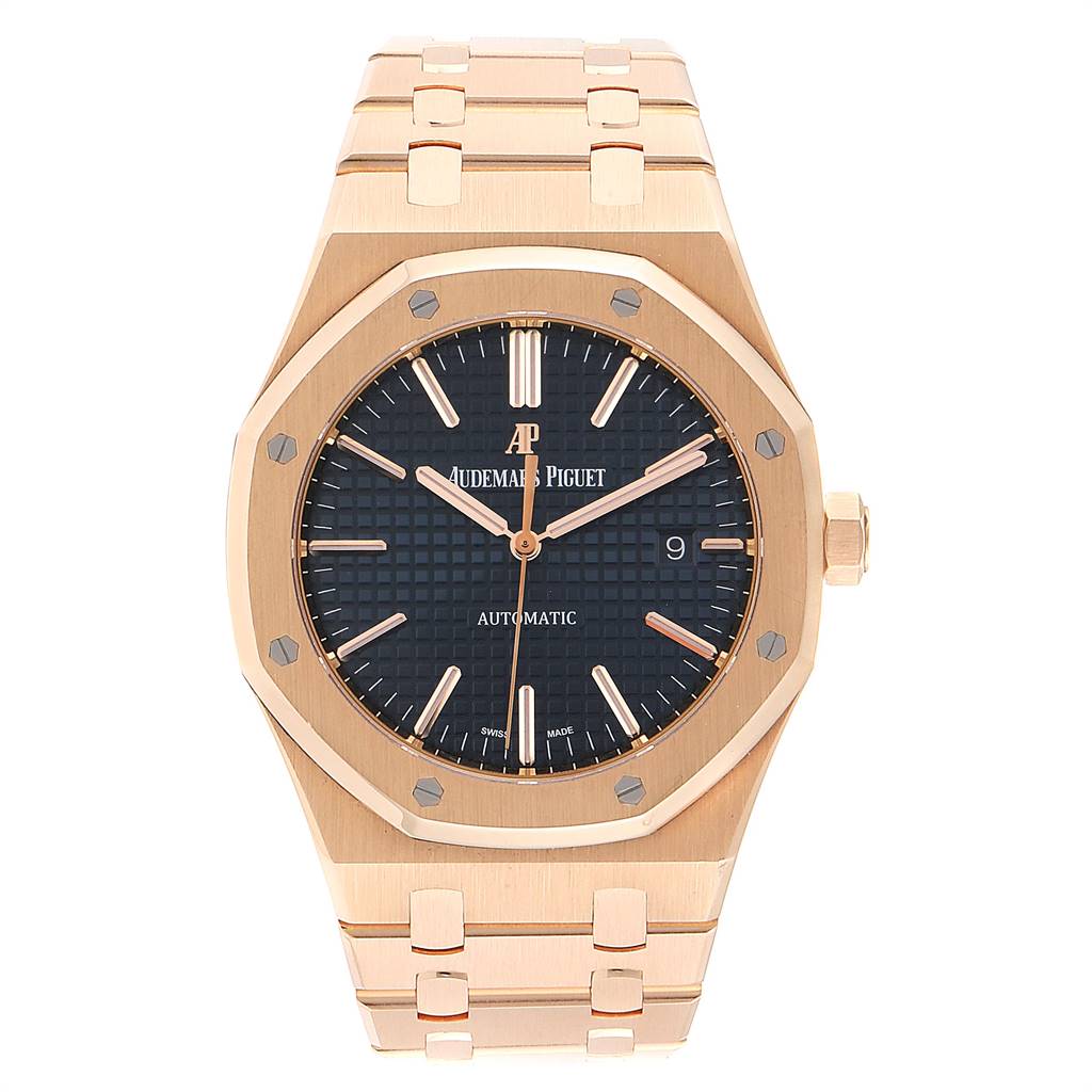 The image shows a frontal view of the Audemars Piguet Royal Oak 15400OR.OO.1220OR.03 Men's Rose Gold Blue Dial 15400OR.OO.1220OR.03 Men's Rose Gold Blue Dial watch, highlighting its face, bezel, and bracelet.