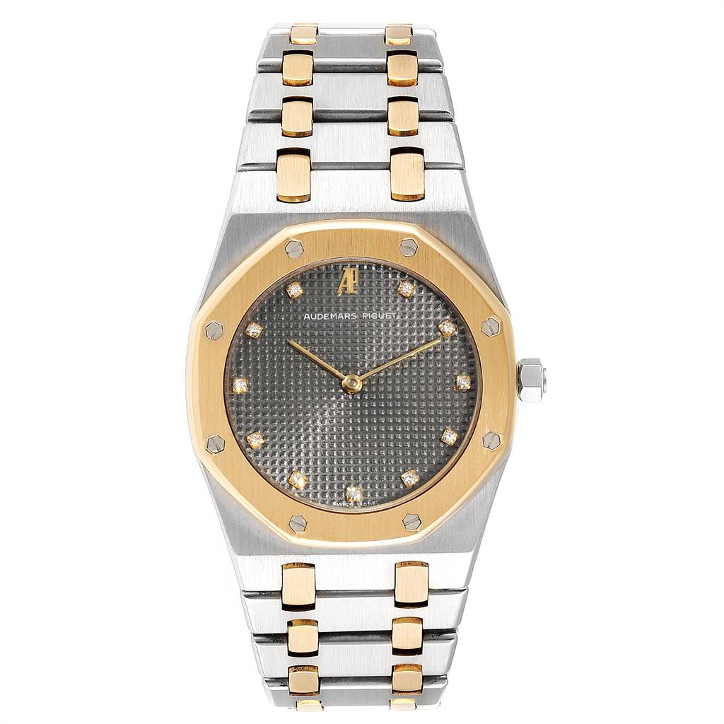 This image shows a frontal view of the Audemars Piguet Royal Oak Men's Steel and Gold (two tone) Grey Dial Men's Steel and Gold (two tone) Grey Dial watch, highlighting its dial, bezel, crown, and bracelet.