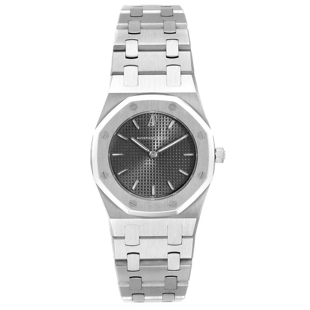 The image shows a front view of the Audemars Piguet Royal Oak 66007ST.OO.0516ST.01 Women's Stainless Steel Black Dial 66007ST.OO.0516ST.01 Women's Stainless Steel Black Dial watch featuring its face, bezel, and bracelet.