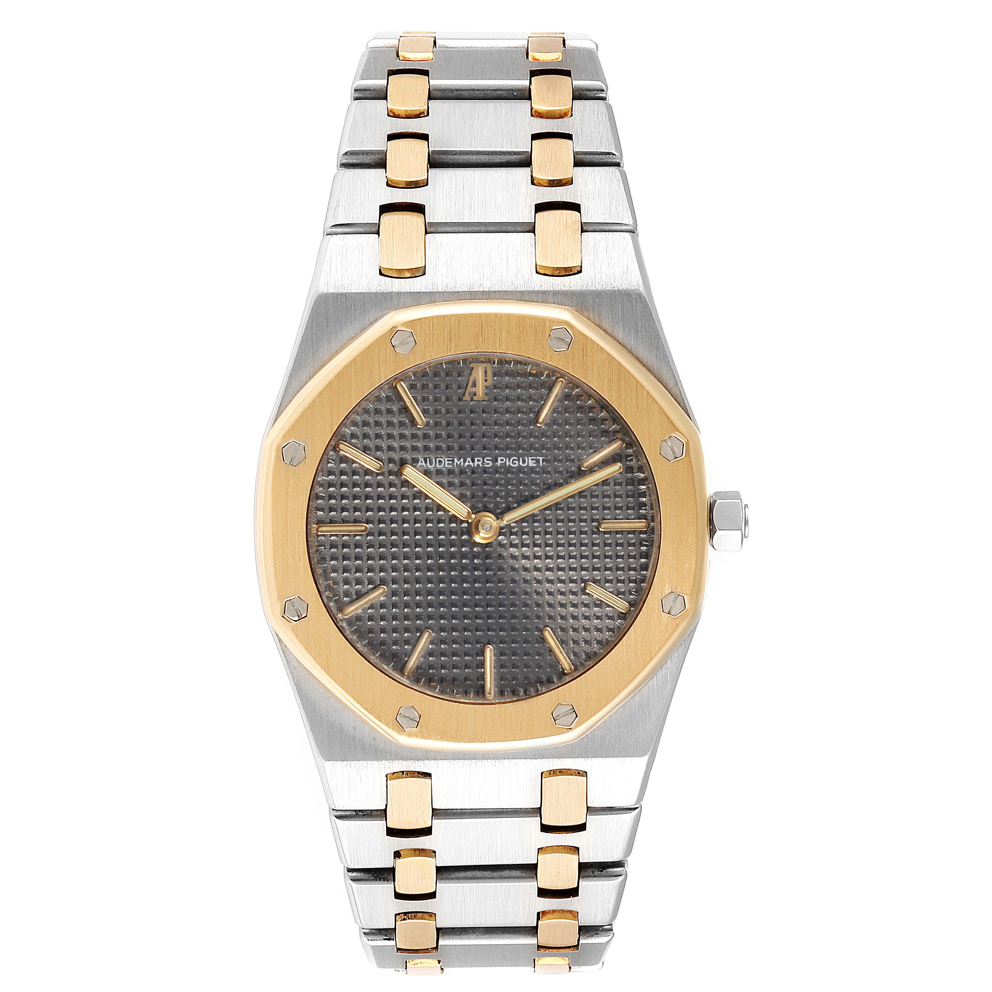 This image shows a front view of the Audemars Piguet Royal Oak  Men's Steel and Gold (two tone) Grey Dial  Men's Steel and Gold (two tone) Grey Dial watch, highlighting its dial, bezel, and bracelet.