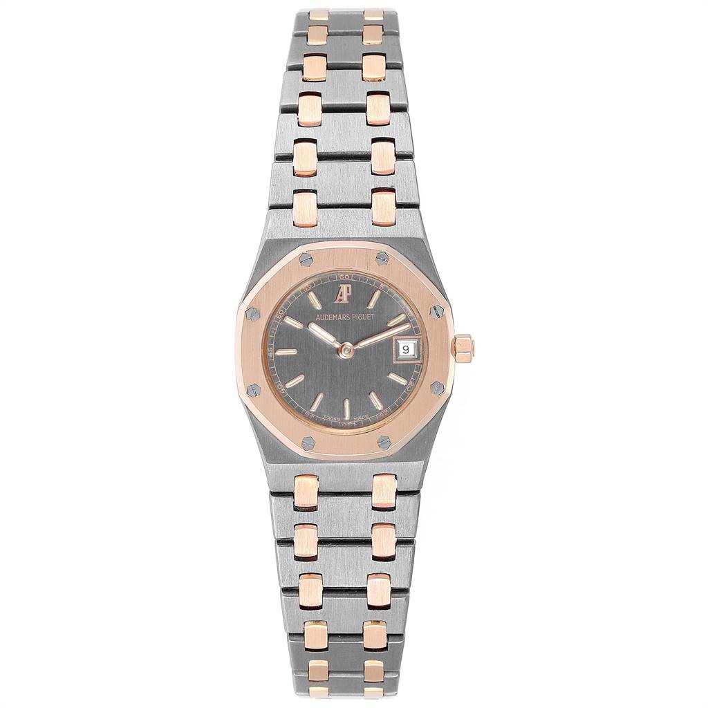 This image shows a front view of the Audemars Piguet Royal Oak 59102 Women's Rose Gold Black Dial 59102 Women's Rose Gold Black Dial watch, highlighting its face, bezel, and bracelet.
