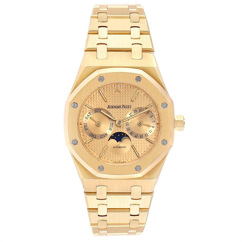 The image displays a front view of the Audemars Piguet Royal Oak 25594BA.OO.0477BA.01 Men's Yellow Gold Champagne Dial 25594BA.OO.0477BA.01 Men's Yellow Gold Champagne Dial watch, showing its gold case, dial, and bracelet.