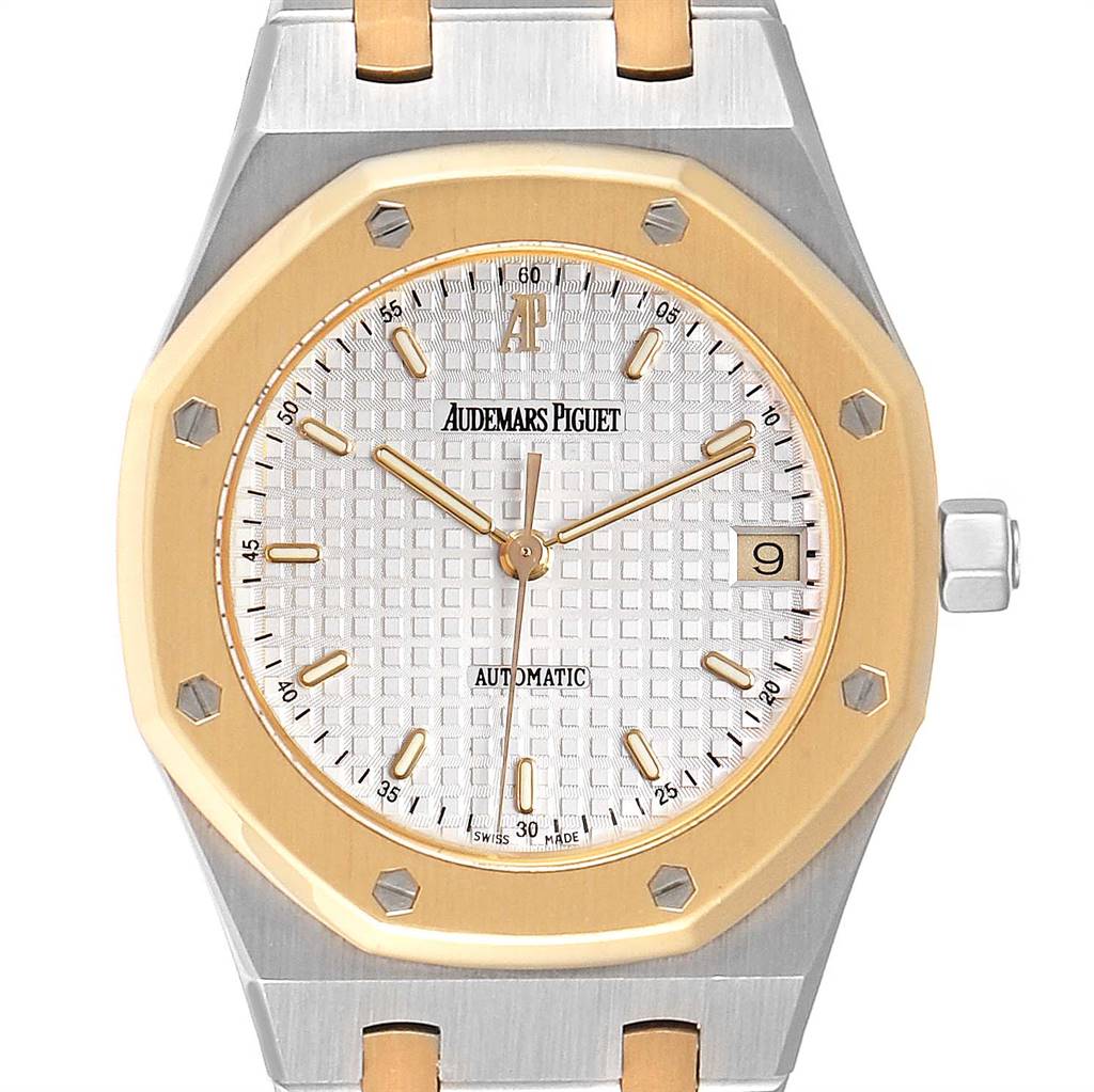 This image shows the Audemars Piguet Royal Oak 14790SA.OO.0789SA.08 Men's Steel and Gold (two tone) Silver Dial 14790SA.OO.0789SA.08 Men's Steel and Gold (two tone) Silver Dial model watch from a front angle, highlighting its dial, bezel, and part of the bracelet.