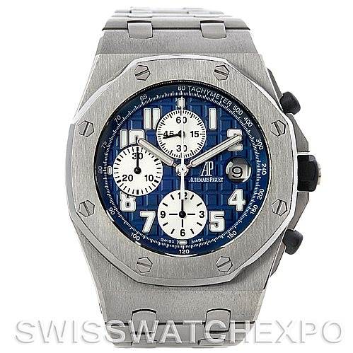 The image shows a front view of the Audemars Piguet Royal Oak Offshore 26022BA.OO.D088CR.01 Men's Stainless Steel Blue Dial 26022BA.OO.D088CR.01 Men's Stainless Steel Blue Dial watch, displaying the dial, bezel, and part of the bracelet.