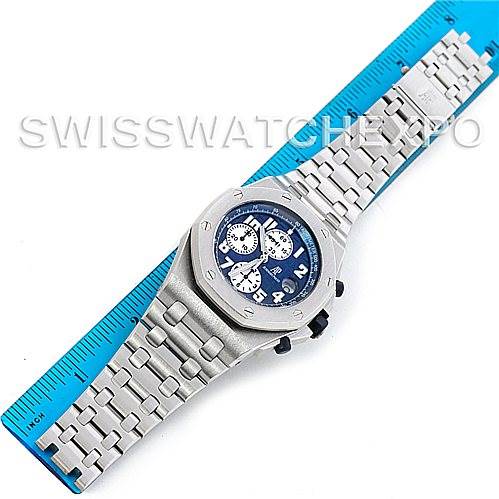 This image shows the Audemars Piguet Royal Oak Offshore 26022BA.OO.D088CR.01 Men's Stainless Steel Blue Dial 26022BA.OO.D088CR.01 Men's Stainless Steel Blue Dial watch laid flat with its face, bezel, and full bracelet visible.