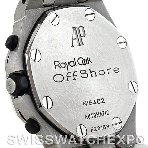 The image shows the back case of the Audemars Piguet Royal Oak Offshore 26022BA.OO.D088CR.01 Men's Stainless Steel Blue Dial 26022BA.OO.D088CR.01 Men's Stainless Steel Blue Dial watch, displaying its model details and serial number.
