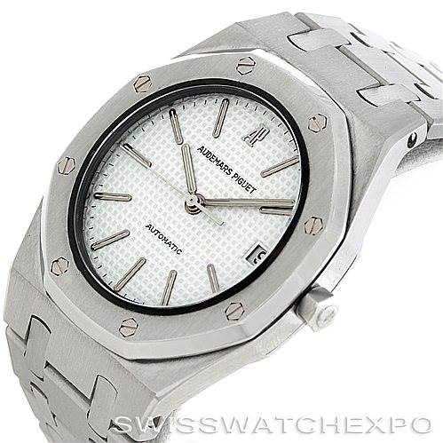 This image shows a tilted side angle of the Audemars Piguet Royal Oak Men's Stainless Steel Silver Dial Men's Stainless Steel Silver Dial watch, highlighting the face, bezel, crown, and bracelet.