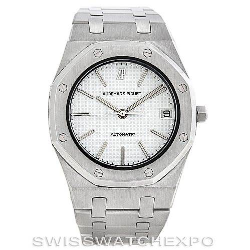 This image shows the front view of an Audemars Piguet Royal Oak Men's Stainless Steel Silver Dial Men's Stainless Steel Silver Dial watch, highlighting its white dial, octagonal bezel, and stainless steel bracelet.