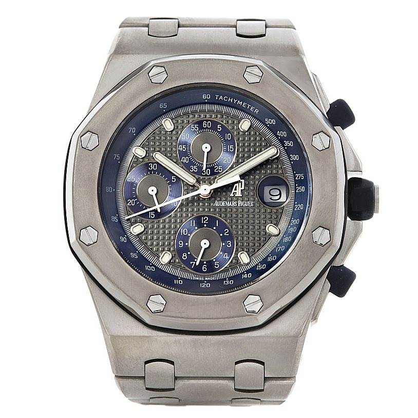 The Audemars Piguet Royal Oak 25721TI.0.1000TI.01 Men's Titanium Grey Dial 25721TI.0.1000TI.01 Men's Titanium Grey Dial watch is shown from a front angle, displaying the face, bezel, and part of the bracelet.