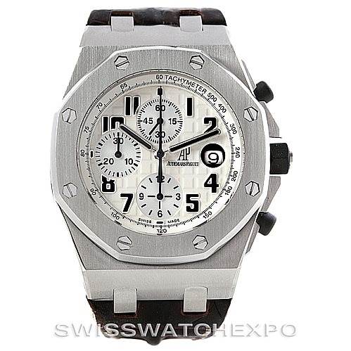 This image shows a frontal view of the Audemars Piguet Royal Oak Offshore 26020ST.00.D001IN.02 Men's Stainless Steel White Dial 26020ST.00.D001IN.02 Men's Stainless Steel White Dial watch, highlighting its face, bezel, and chronograph subdials.